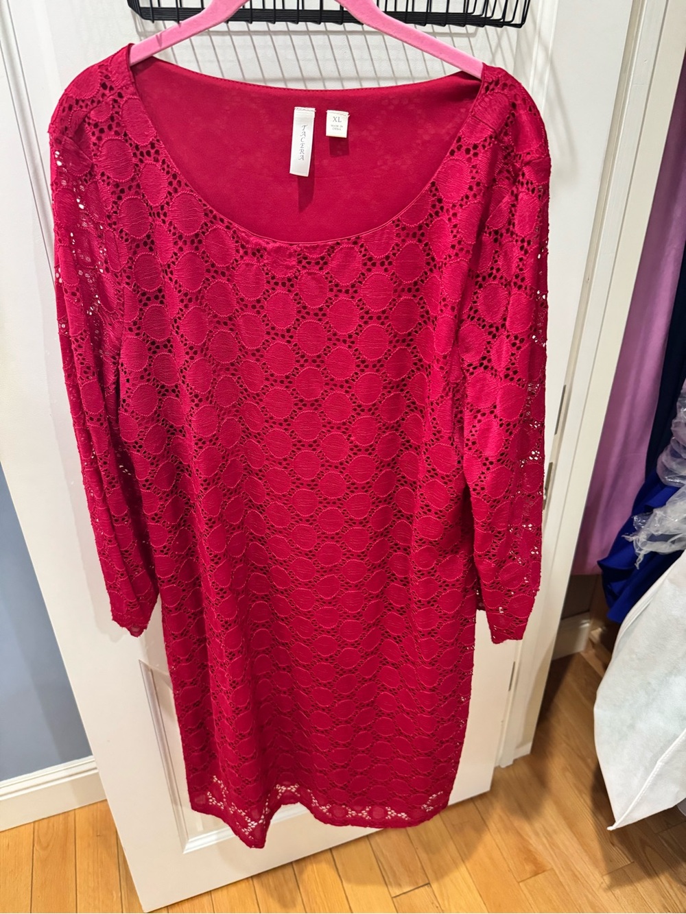 Tacera red Lace Shift Dress with Three-Quarter Sleeves